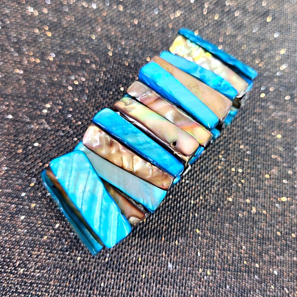 Blue Brown Mother of Pearl Shell Stretch Panel Bracelet Iridescent Rectangle Bar